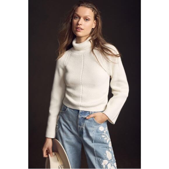 Anthropologie Maeve Cropped Knit Wool Blend White Turtleneck Sweater Medium - Picture 1 of 8